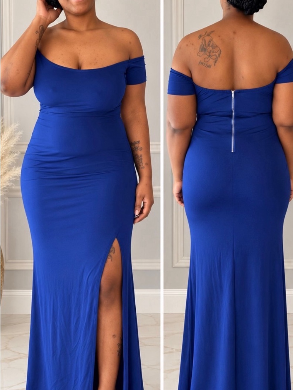 Off-Shoulder Cobalt Blue Evening Gown with Side Slit